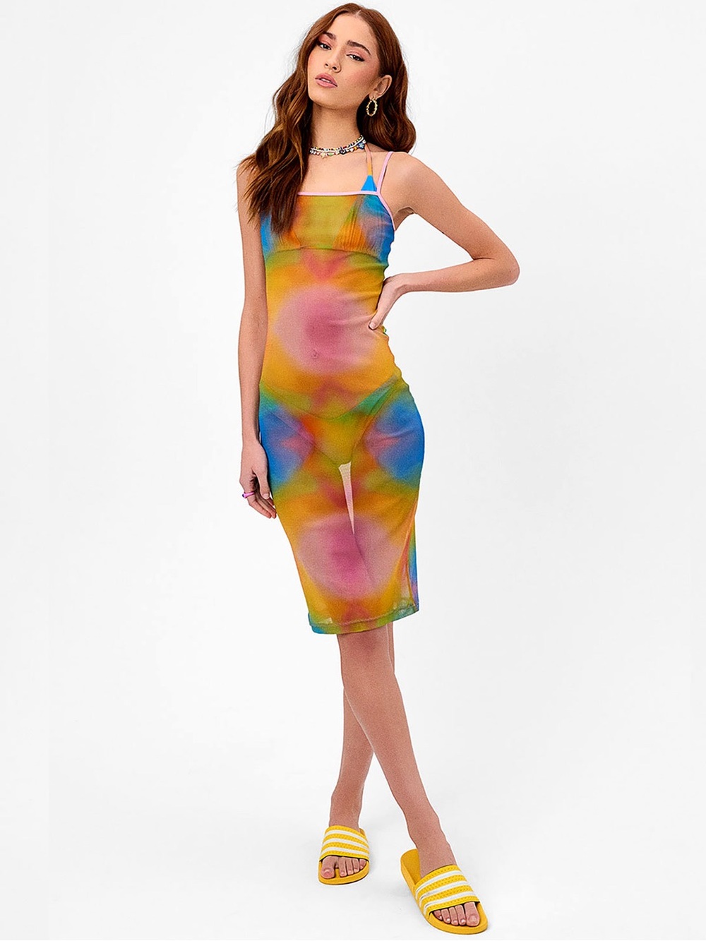 FRANKIES BIKINIS Dixie Sheer Tie-Dye Mesh Slip Dress in Multicolor (128)